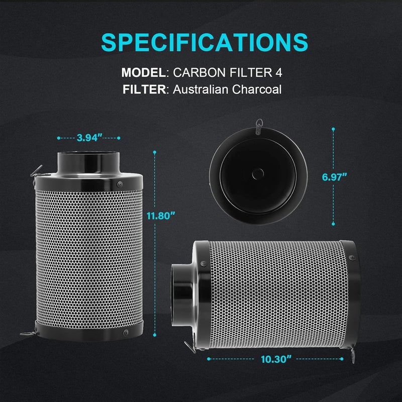 iPower 4 Inch Air Carbon Filter Odor Control with Australia Virgin Premium Charcoal and Reversible Flange for Inline Duct Fan/Grow Tent/Hydroponics, 4"X12", Prefilter Included, Black - Image 3